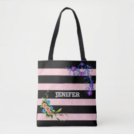 elegante paarse bloem Bloemen Zwart Roze strip Tote Bag