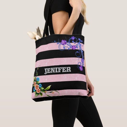 elegante paarse bloem Bloemen Zwart Roze strip Tote Bag (Dichtbij)