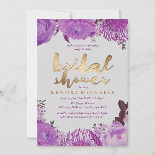 Elegante paarse bloem bruidsdouche uitnodigingen (Voorkant)