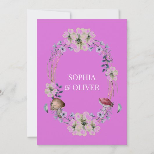 Elegante Paarse Bloem en Paddestoel krans bruiloft Kaart (Voorkant)