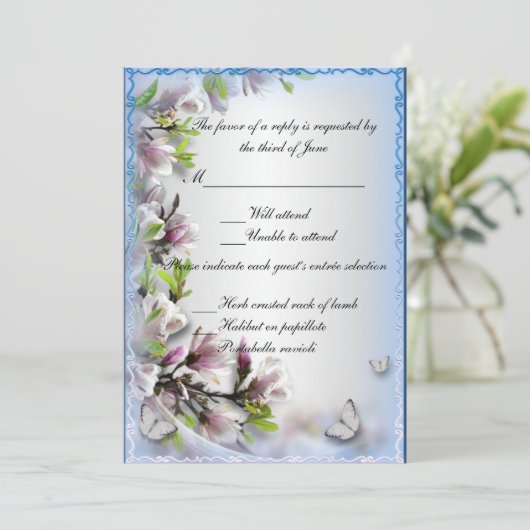 Elegante paarse bloem- en vlinderreactiekaart kaart (Staand voorkant)