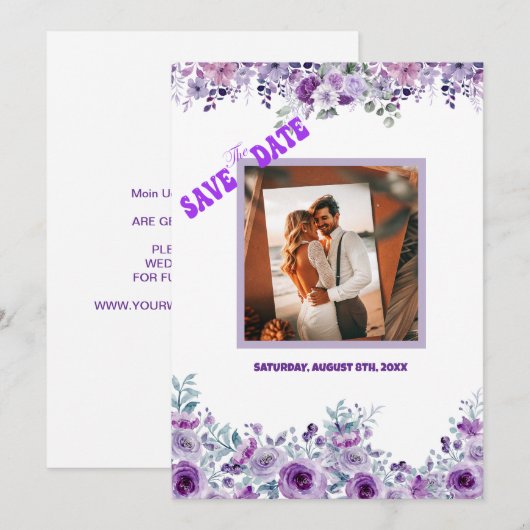 Elegante paarse bloem save the date (Voorkant / Achterkant)