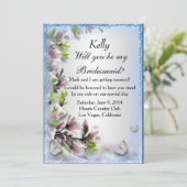 Elegante paarse bloem vlinder bruidsmeisje kaart (Staand voorkant)