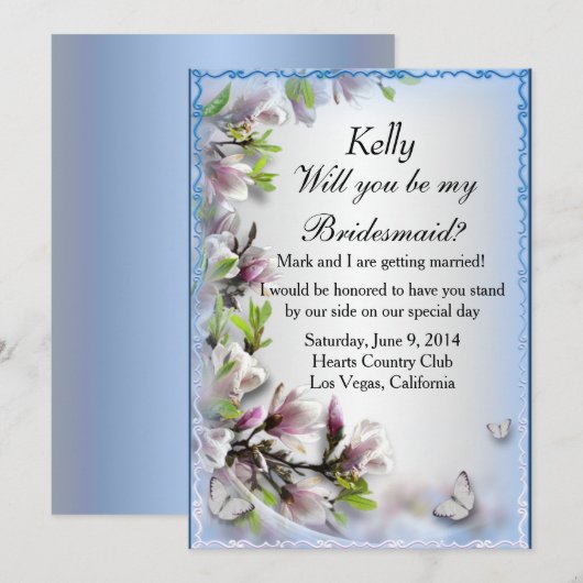 Elegante paarse bloem vlinder bruidsmeisje kaart (Voorkant / Achterkant)