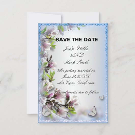 Elegante paarse bloem vlinder Save The Date kaart (Voorkant)