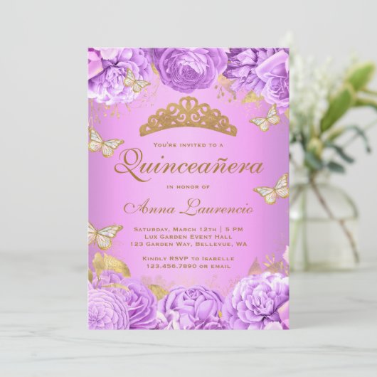Elegante Paarse Bloem Vlinders Quinceanera Kaart (Staand voorkant)