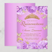 Elegante Paarse Bloem Vlinders Quinceanera Kaart (Voorkant / Achterkant)