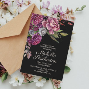 Elegante paarse bloem zwarte 60e verjaardag voor v kaart