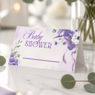 Elegante paarse bloemachtige babyshower foodtent plaatskaartje