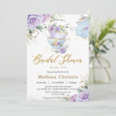 Elegante paarse bloemachtige high tea party bruids kaart (Staand voorkant)