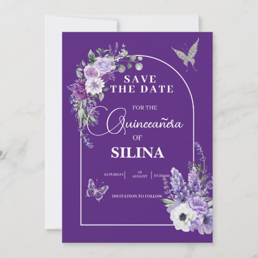 Elegante Paarse Bloemboog Lavendel Quinceañera Save The Date (Voorkant)