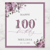 Elegante Paarse Bloemen 100e Verjaardag Wijn Etiket (Enkel label)