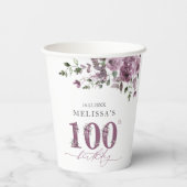 Elegante paarse bloemen 100e verjaardagsfeest papieren bekers (Achterkant)