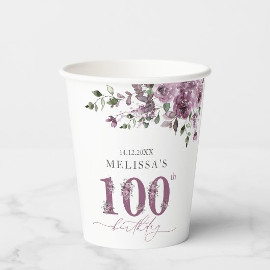 Elegante paarse bloemen 100e verjaardagsfeest papieren bekers (Achterkant)