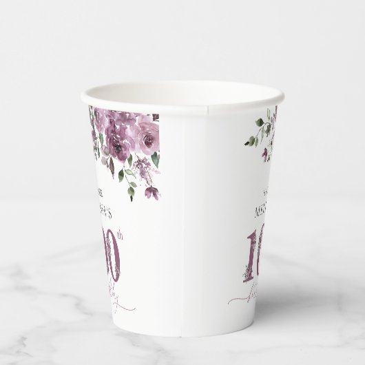 Elegante paarse bloemen 100e verjaardagsfeest papieren bekers (Rechts)