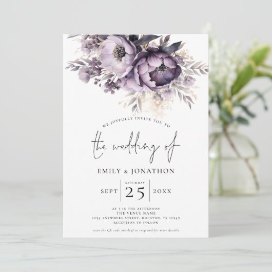 Elegante Paarse Bloemen 3 Foto's QR Code Bruiloft Kaart (Staand voorkant)