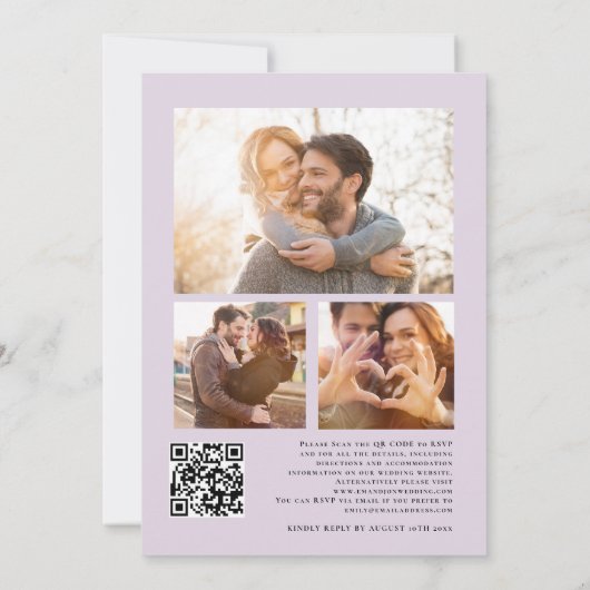 Elegante Paarse Bloemen 3 Foto's QR Code Bruiloft Kaart (Achterkant)