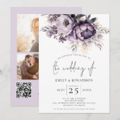 Elegante Paarse Bloemen 3 Foto's QR Code Bruiloft Kaart (Voorkant / Achterkant)