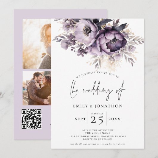 Elegante Paarse Bloemen 3 Foto's QR Code Bruiloft Kaart (Voorkant / Achterkant)
