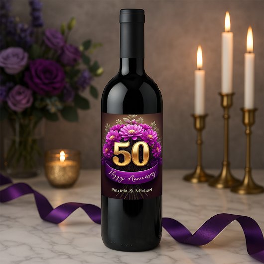Elegante paarse bloemen 50ste bruiloft Jubileum Wijn Etiket