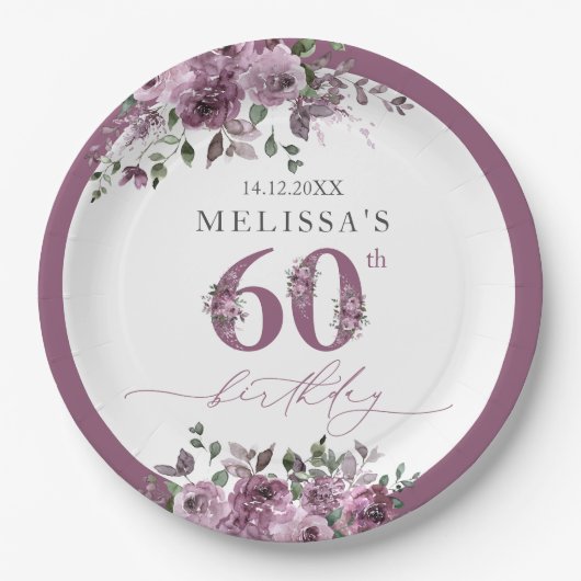 Elegante Paarse Bloemen 60e Verjaardag Papieren Bordje (Voorkant)