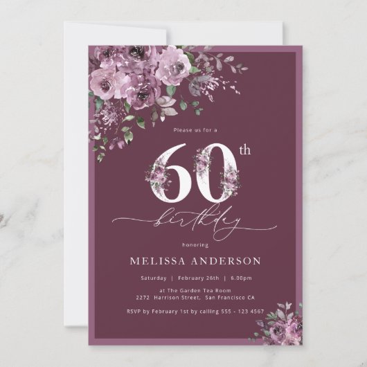 Elegante paarse bloemen 60e verjaardagsfeest kaart (Voorkant)