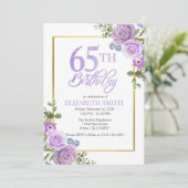 Elegante Paarse Bloemen 65ste Verjaardag Uitnodigi Kaart (Staand voorkant)