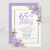 Elegante Paarse Bloemen 65ste Verjaardag Uitnodigi Kaart (Voorkant / Achterkant)