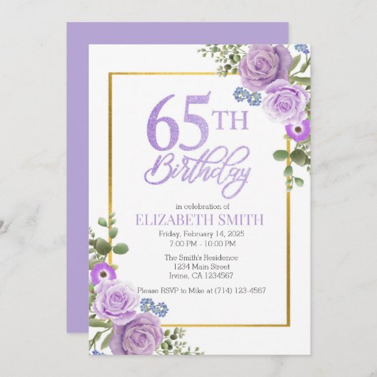 Elegante Paarse Bloemen 65ste Verjaardag Uitnodigi Kaart (Voorkant / Achterkant)