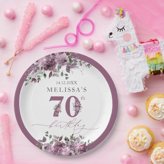 Elegante Paarse Bloemen 70e Verjaardag Papieren Bordje (Feest)
