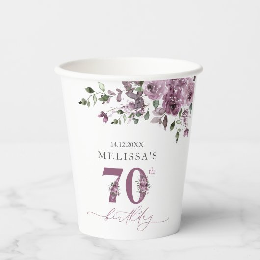 Elegante paarse bloemen 70e verjaardagsfeest papieren bekers (Voorkant)