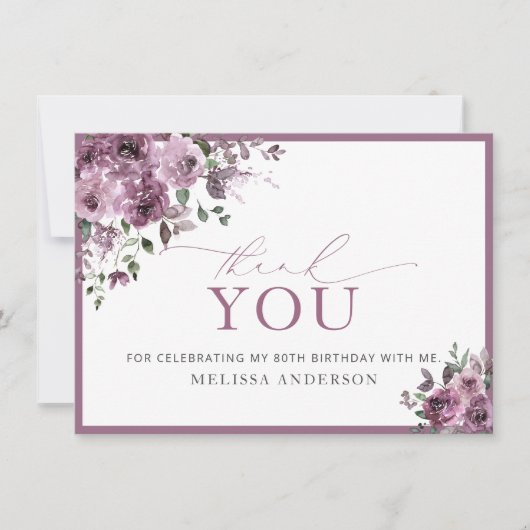 Elegante Paarse Bloemen 80e Verjaardag Dank u kaar (Voorkant)