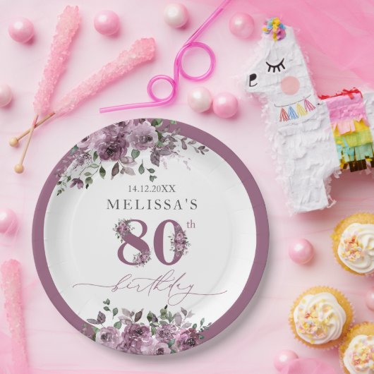 Elegante Paarse Bloemen 80ste Verjaardag Papieren Bordje (Feest)
