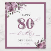 Elegante Paarse Bloemen 80ste Verjaardag Wijn Etiket (Enkel label)