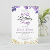 Elegante paarse bloemen 90ste verjaardag kaart (Staand voorkant)