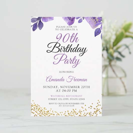 Elegante paarse bloemen 90ste verjaardag kaart (Staand voorkant)