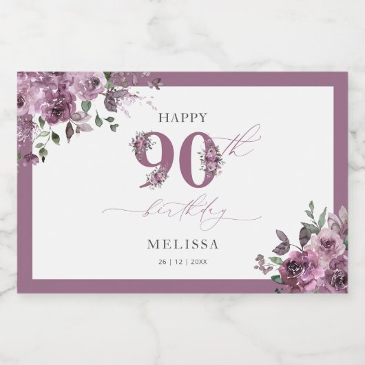 Elegante Paarse Bloemen 90ste Verjaardag Sparkling Wijnetiket (Enkel label)