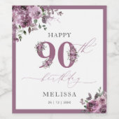 Elegante Paarse Bloemen 90ste Verjaardag Wijn Etiket (Enkel label)