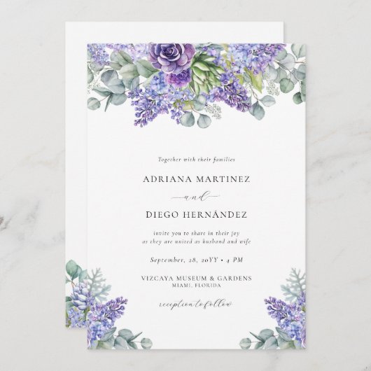 Elegante Paarse Bloemen Alles-in-één Bruiloft RSVP Kaart (Voorkant / Achterkant)