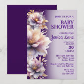 Elegante Paarse Bloemen Baby shower Uitnodiging (Voorkant / Achterkant)