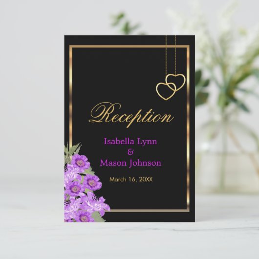 Elegante Paarse Bloemen Bruiloft - Receptie Kaart (Staand voorkant)