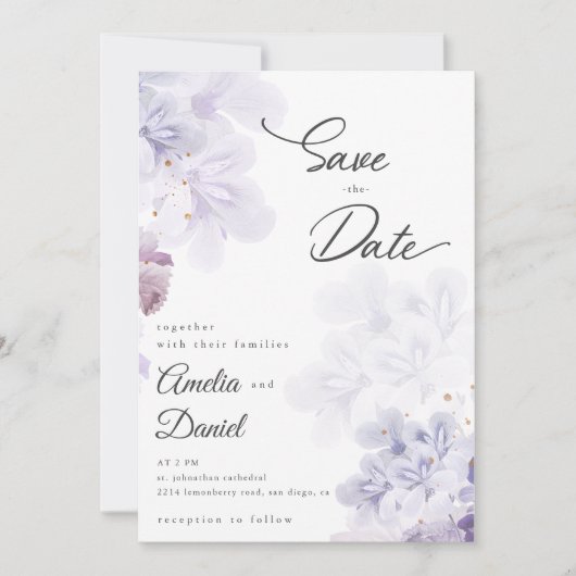 Elegante paarse bloemen bruiloft Save the Date Kaart (Voorkant)
