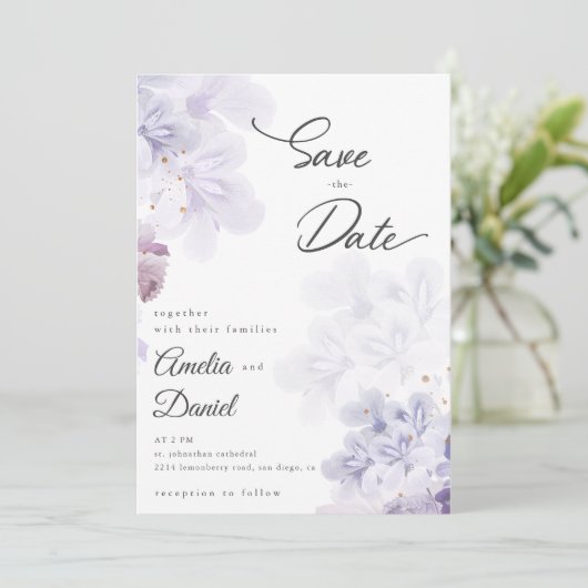 Elegante paarse bloemen bruiloft Save the Date Kaart (Staand voorkant)