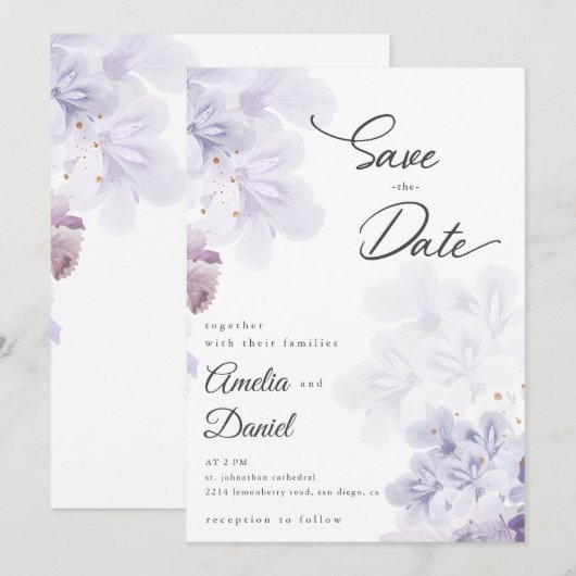 Elegante paarse bloemen bruiloft Save the Date Kaart (Voorkant / Achterkant)