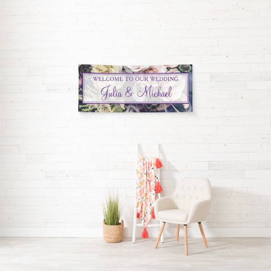 Elegante Paarse Bloemen bruiloft welkomstreceptie Spandoek (Insitu)