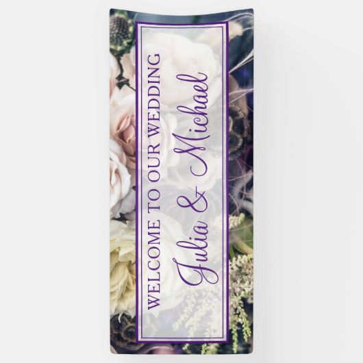 Elegante Paarse Bloemen bruiloft welkomstreceptie Spandoek (Verticaal)