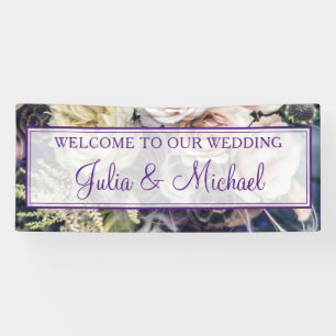 Elegante Paarse Bloemen bruiloft welkomstreceptie Spandoek