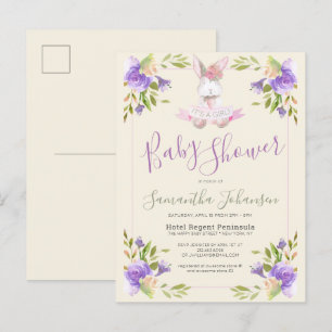 Elegante Paarse Bloemen & Bunny Girl Baby shower Uitnodiging Briefkaart