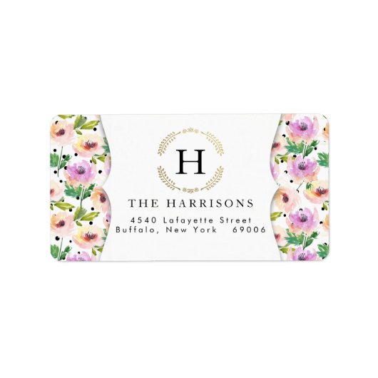 Elegante Paarse Bloemen Dalmatische Stippen gepers Etiket (Voorkant)