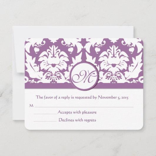 Elegante Paarse Bloemen Damask RSVP Kaartje (Voorkant)